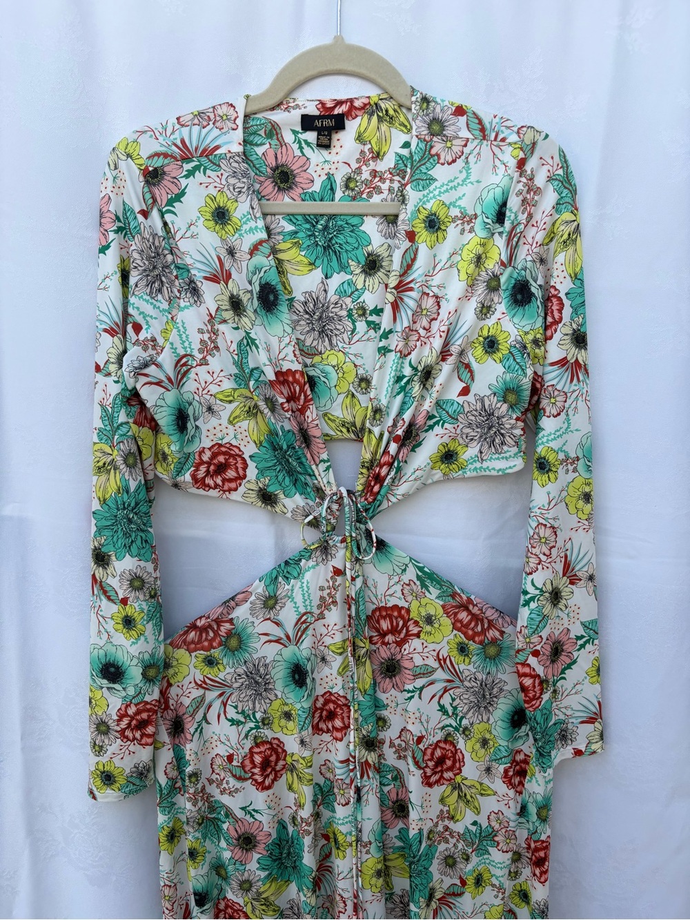 AFRM Floral Tie-Front Crop Top in White with Teal, Yellow & Red Blooms